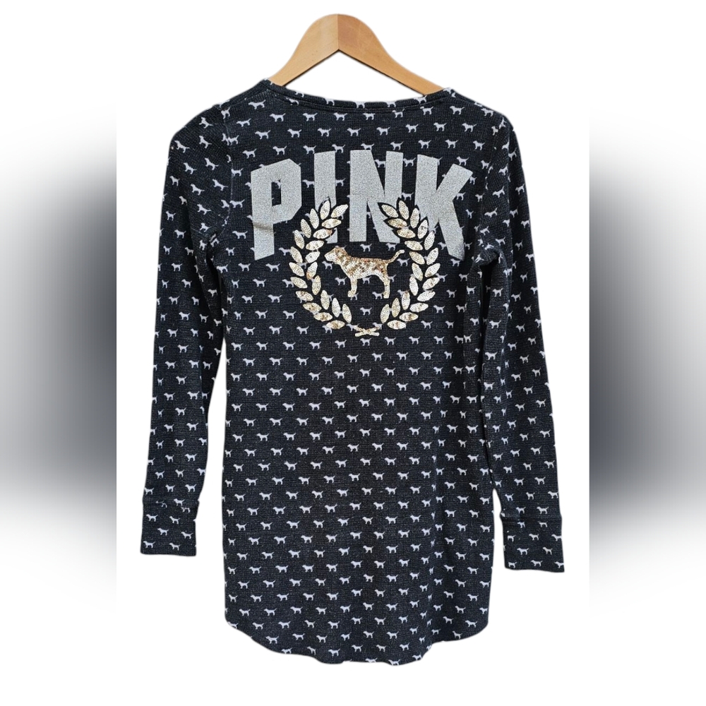 PINK Victoria's Secret Cozy Jersey Sleep Shirt Top Pajama VS Dogs Gold Sequins